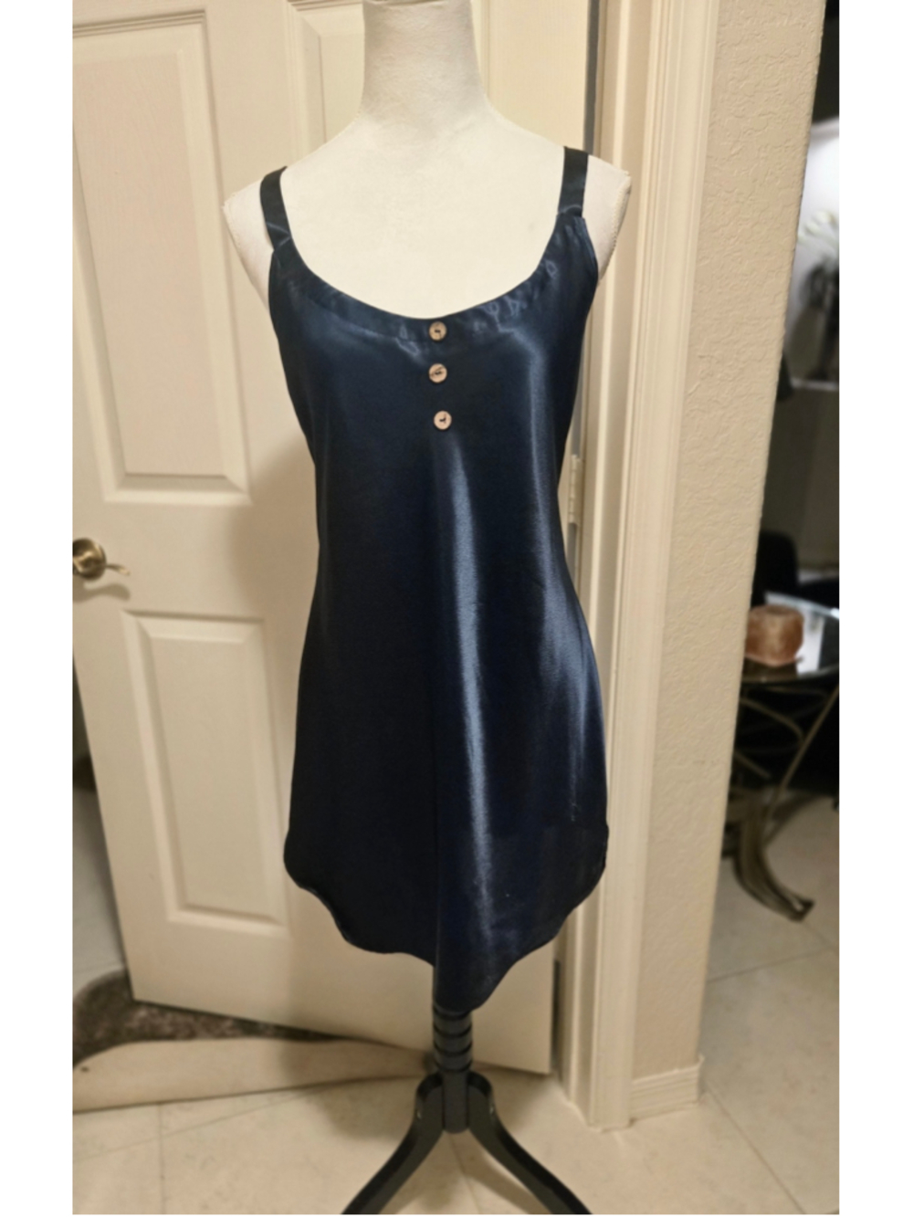 Vintage California Dynasty Navy Satin Button Front Mini Slip Dress Lingerie 90s